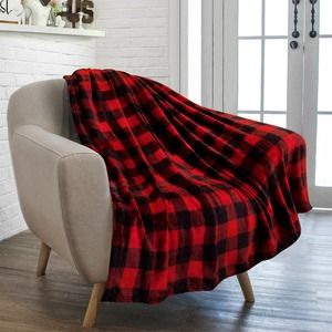 Buffalo Check Plaid Plush Fleece Blanket Throw  Red Black